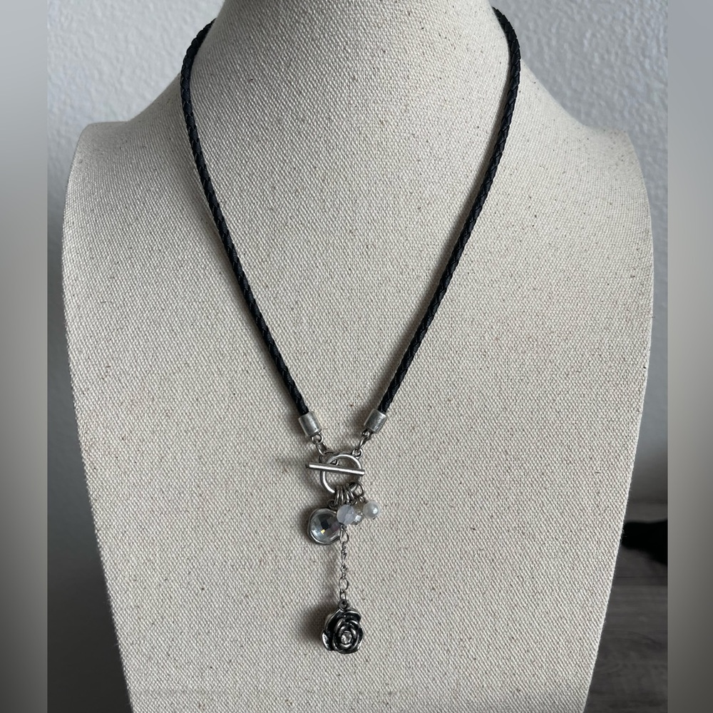 Black leather braided Rose & charm necklace